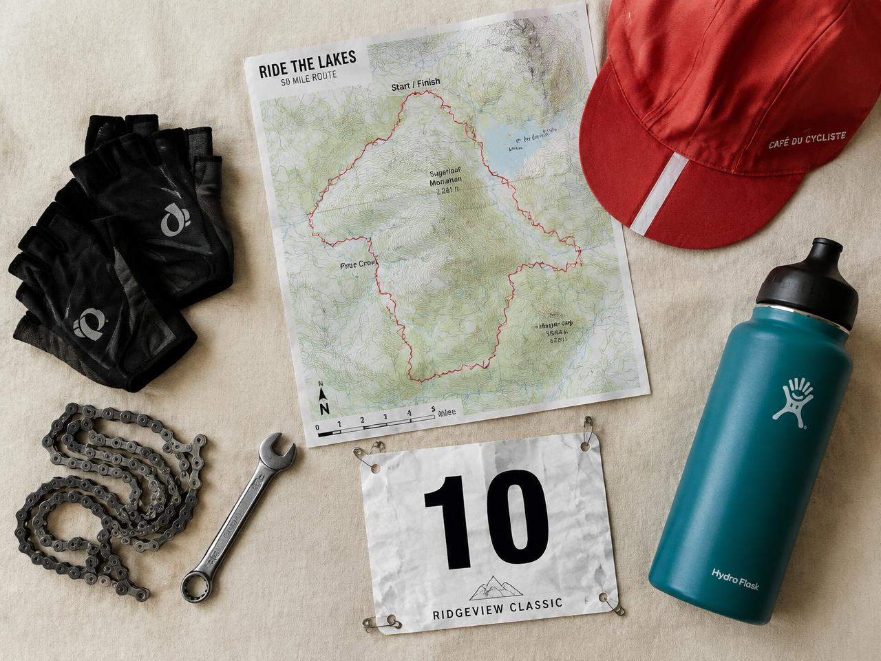 Mapa de ruta, dorsal y equipo de ciclismo